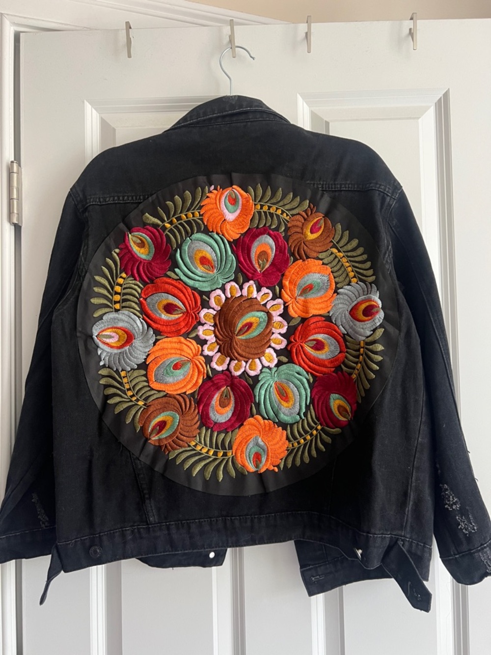Black Denim Jacket with Colorful Embroidered Floral Medallion